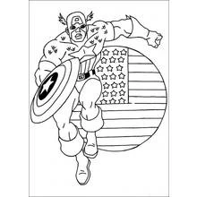 Coloriage Captain America en vol devant un drapeau circulaire