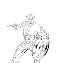 Coloriage Captain America visant un pistolet avec son bouclier