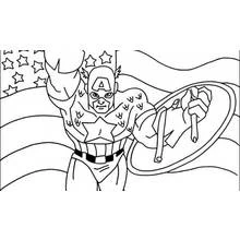 Coloriage Captain America en vol, drapeau étoilé derrière