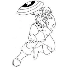 Coloriage Captain America en course, bouclier au-dessus de la tête