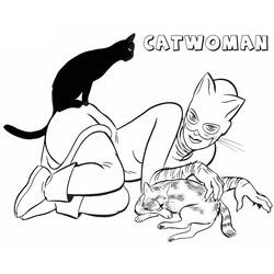 Coloriage Catwoman assise avec un chat noir et un chat tigré