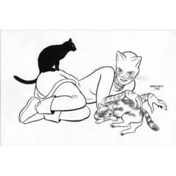 Coloriage Catwoman allongée avec deux chats