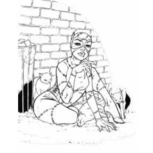 Coloriage Catwoman assise dans une ruelle avec des chats