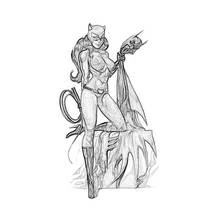 Coloriage Catwoman genou à terre sur un rocher avec une cape déchirée
