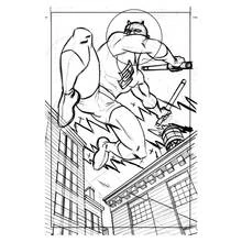 Coloriage Daredevil sautant au-dessus des toits avec ses bâtons