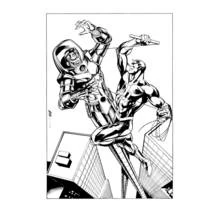 Coloriage Daredevil affrontant un vilain robotique au-dessus des immeubles