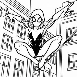 Coloriage Ghost Spider bondissant entre les immeubles