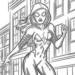 Coloriage Ghost Spider accroupie devant des immeubles