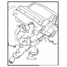 Coloriage Hulk soulevant une voiture au-dessus de sa tête