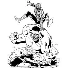 Coloriage Hulk fracassant des rochers avec Spider-Man bondissant au-dessus