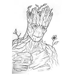 Coloriage Groot en portrait avec écorce détaillée et petite fleur