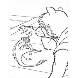 Coloriage Personnage velu observant deux petites créatures reptiliennes