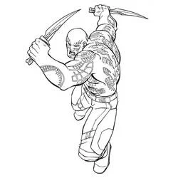 Coloriage Drax bondissant au combat avec deux dagues