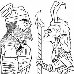 Coloriage Loki face à Thor en armures