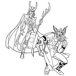 Coloriage Loki debout aux côtés de Thor et son marteau
