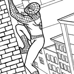 Coloriage Spiderman grimpant un mur de briques