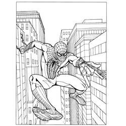 Coloriage Spiderman lançant une toile entre les tours
