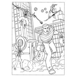 Coloriage Spiderman poursuivant un voleur de banque dans la ville