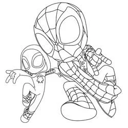 Coloriage Spidey accroupi avec Ghost Spider qui pointe du doigt