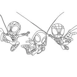 Coloriage Spidey et ses amis en pleine balançoire sur des toiles