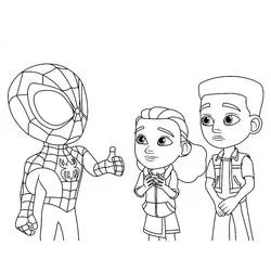 Coloriage Spidey donnant un pouce levé à deux enfants