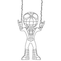 Coloriage Spidey accroché à deux fils de toile
