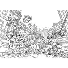 Coloriage Super Héros Marvel combattant en pleine ville