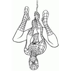 Coloriage Spider-Man suspendu à l'envers par une toile
