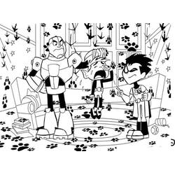 Coloriage Cyborg, Changelin et Robin entourés de traces d'animaux