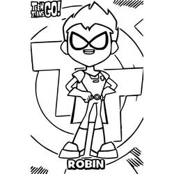 Coloriage Robin debout avec assurance devant le logo Teen Titans Go