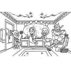 Coloriage Teen Titans Go scène de salle de bain avec Robin, Starfire, Raven et Beast Boy
