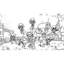 Coloriage Teen Titans Go en position de combat dans la ville