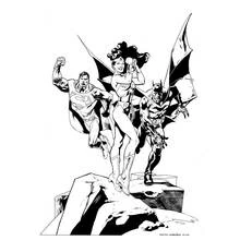 Coloriage Wonder Woman bondissant avec Superman et Batman