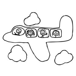 Coloriage Avion avec quatre passagers souriants