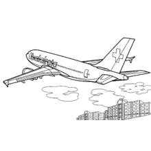 Coloriage Avion long courrier survolant une ville