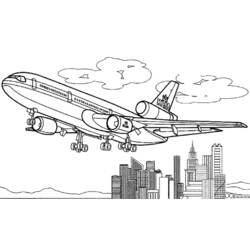 Coloriage Avion long-courrier survolant une ville