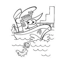 Coloriage Bateau de guerre souriant près d'un ponton