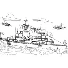 Coloriage Bateau de guerre F151 naviguant sous des avions de chasse