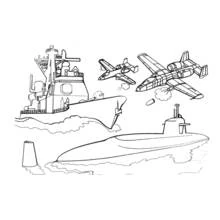 Coloriage Bateau de guerre, sous-marin et avions de chasse