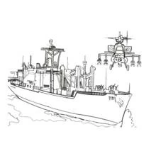 Coloriage Bateau de guerre avec hélicoptère survolant les flots