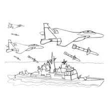 Coloriage Bateau de guerre avec avions de chasse et missiles