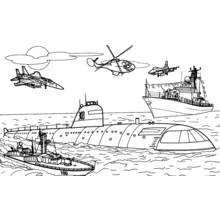 Coloriage Bateau de guerre entouré d'un sous-marin, avions et hélicoptère