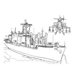 Coloriage Bateau de guerre survolé par un hélicoptère
