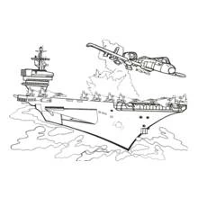 Coloriage Bateau de guerre avec avion au décollage