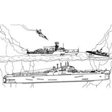 Coloriage Bateau de guerre, sous-marin et avion en mer
