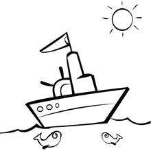 Coloriage Bateau naviguant sous le soleil avec des poissons