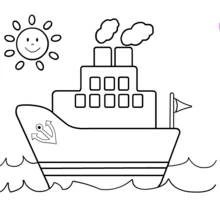 Coloriage Bateau naviguant sous un soleil souriant