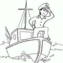 Coloriage Capitaine saluant sur son bateau à moteur