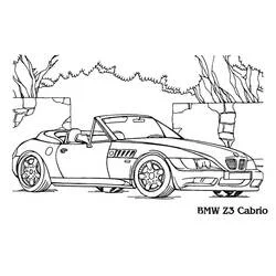 Coloriage BMW Z3 Cabrio garée sur une route bordée d'arbres