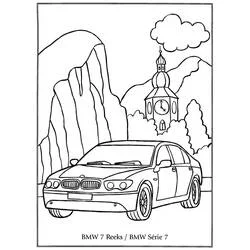 Coloriage BMW série 7 garée devant une église de montagne